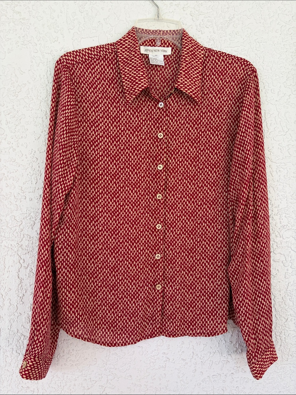 Jones New York Red and White Geometric silk Button-Down Shirt size 12